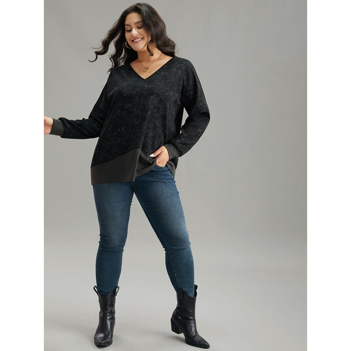 Plus Size Colorblock Waffle Knit Patchwork T-shirt DimGray Women Casual Waffle Knit Patchwork Round Neck Dailywear T-shirts BloomChic 28/5X Product Image