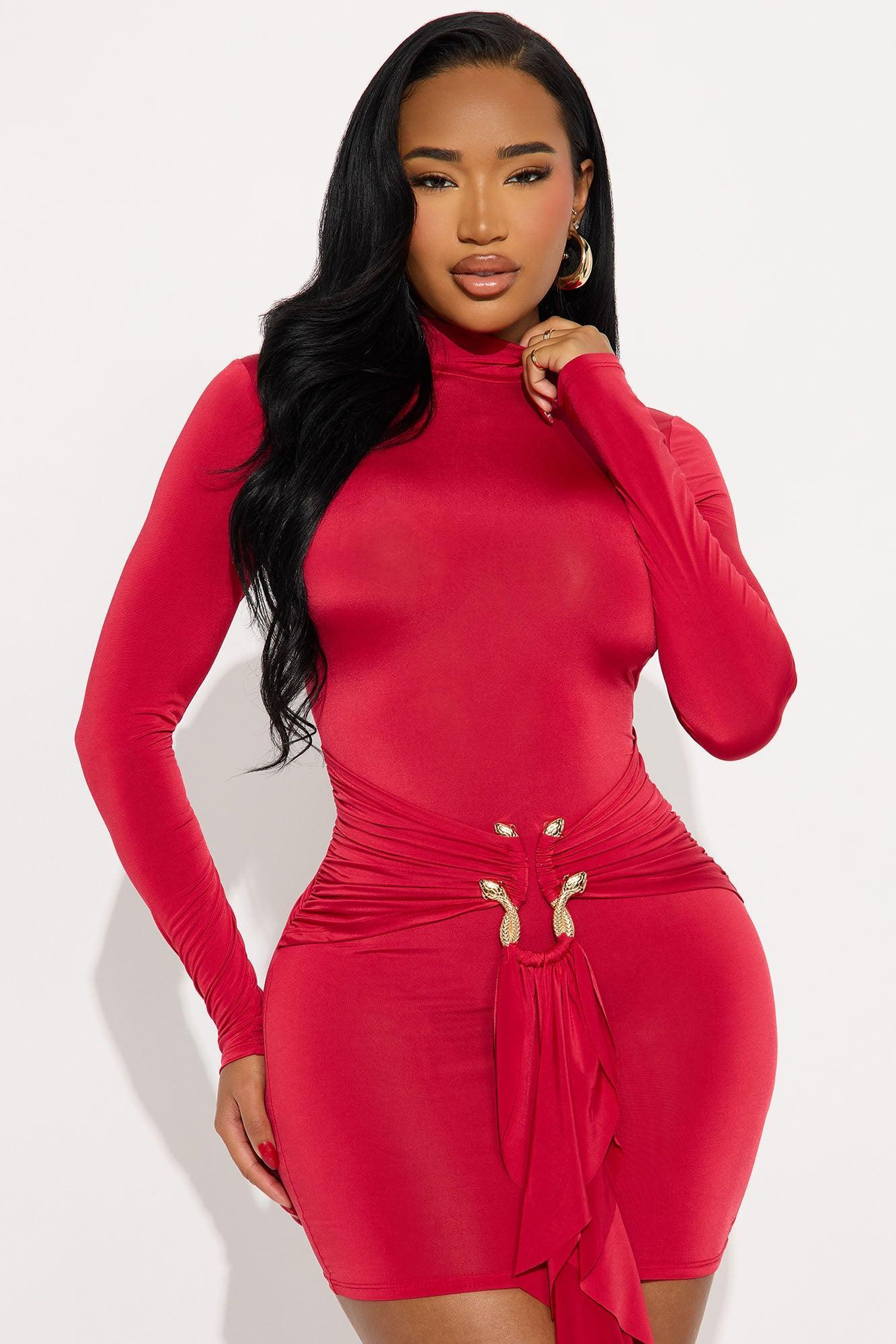 In The Moment Long Sleeve Mini Dress - DarkRed Product Image