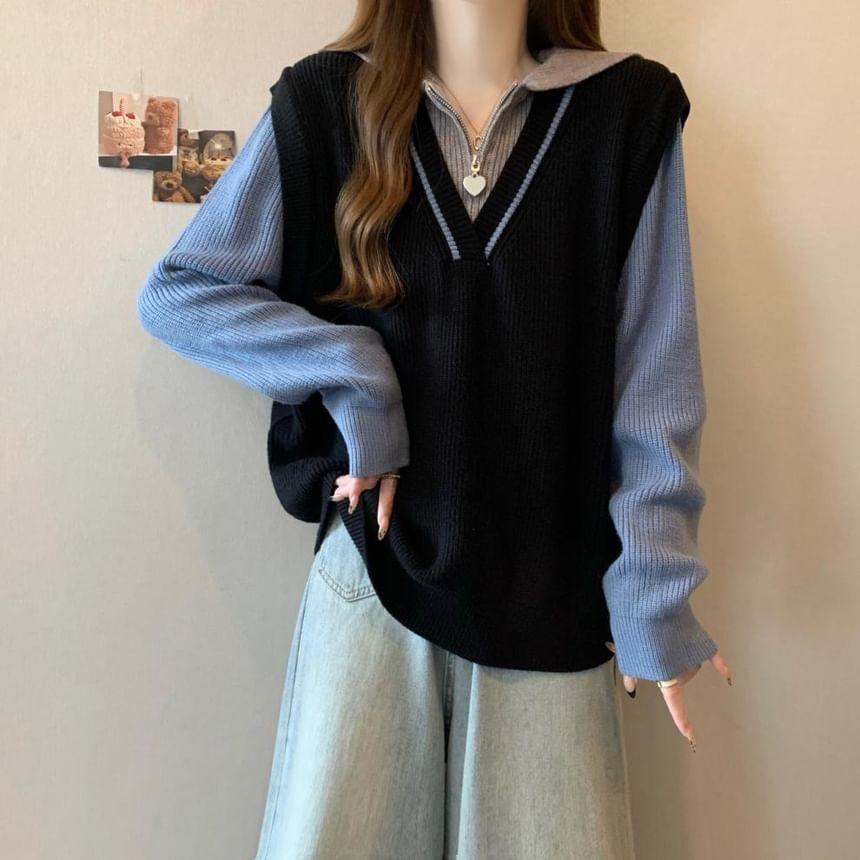 Sailor Collar Mock Two-Piece Color Block Half-Zip Sweater Product Image