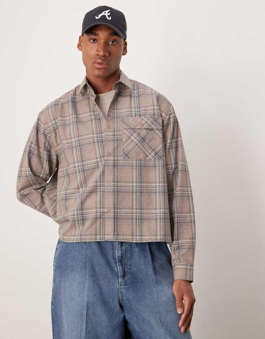 ASOS DESIGN oversized boxy shirt in beige check Product Image
