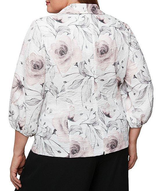 Alex Evenings Plus Size Jacquard Collared V Neck 3/4 Bubble Hem Sleeve Floral Blouse Product Image