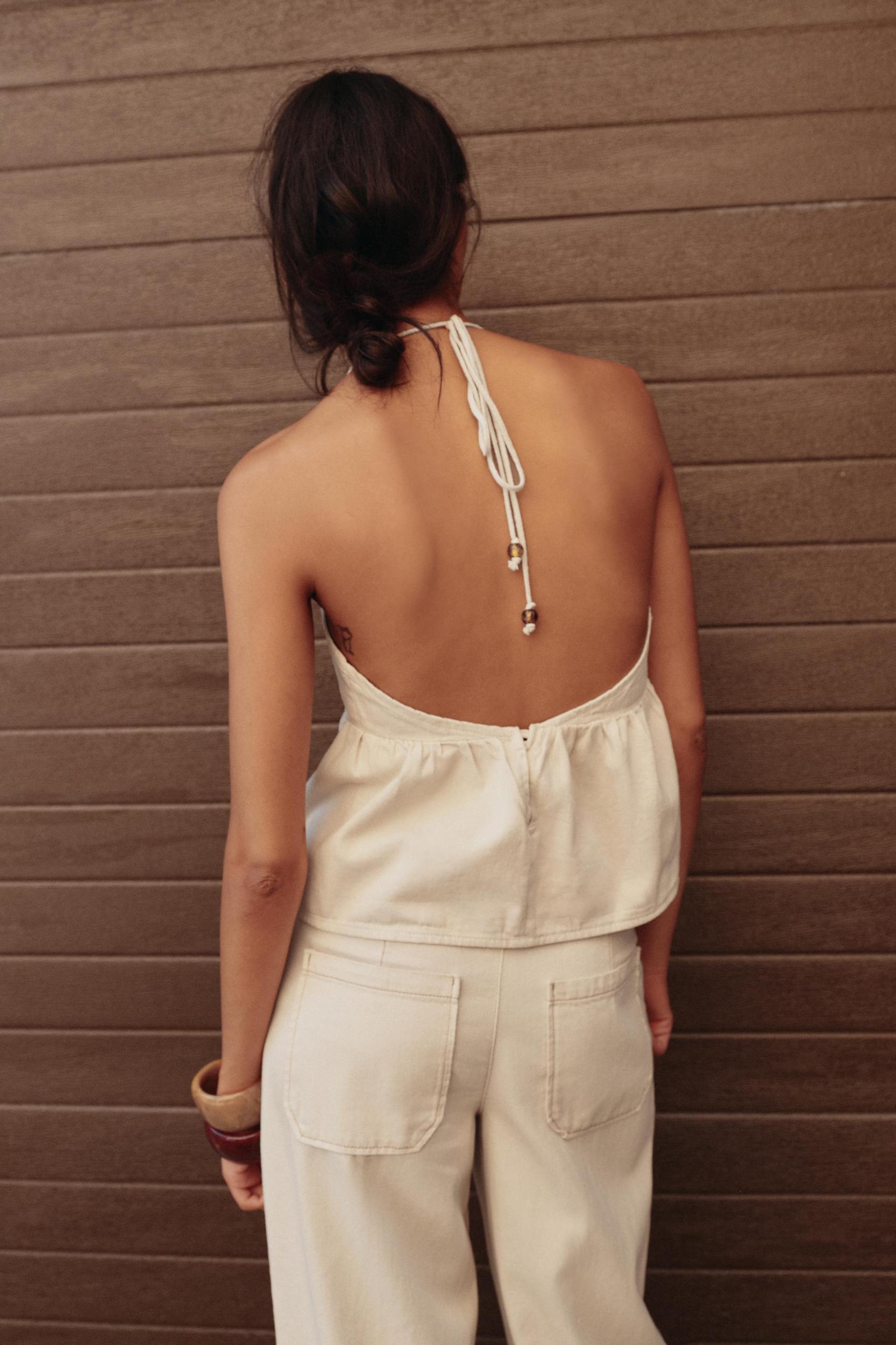 BEADED DENIM HALTER TOP Product Image