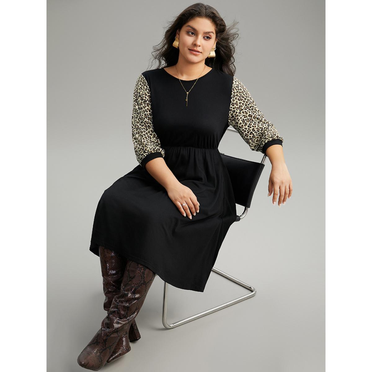Plus Size Leopard Patchwork Pocket Elastic Waist Dress Black Women Casual Printed Round Neck Elbow-length sleeve Curvy Midi Dress BloomChic 28/5X Product Image