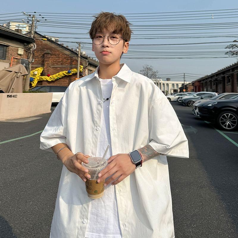3/4-Sleeve Plain Glitter Button-Up Shirt Product Image