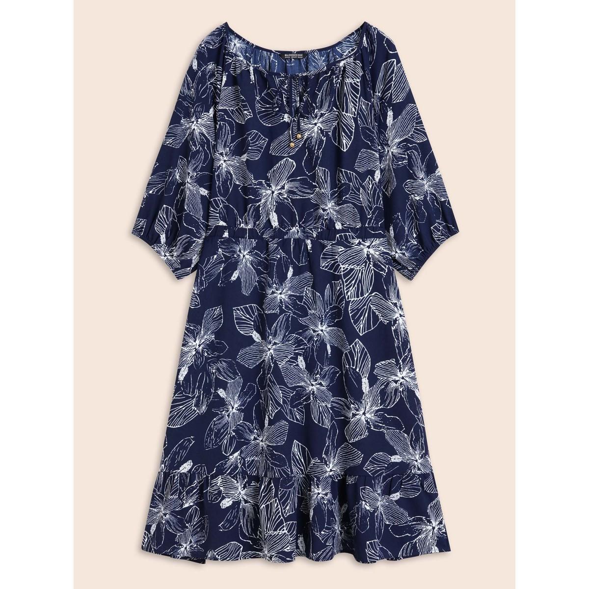 Plus Size Silhouette Floral Print Tie Knot Dress Navy Women Elegant Tie knot V-neck Elbow-length sleeve Curvy BloomChic 22-24/3X Product Image