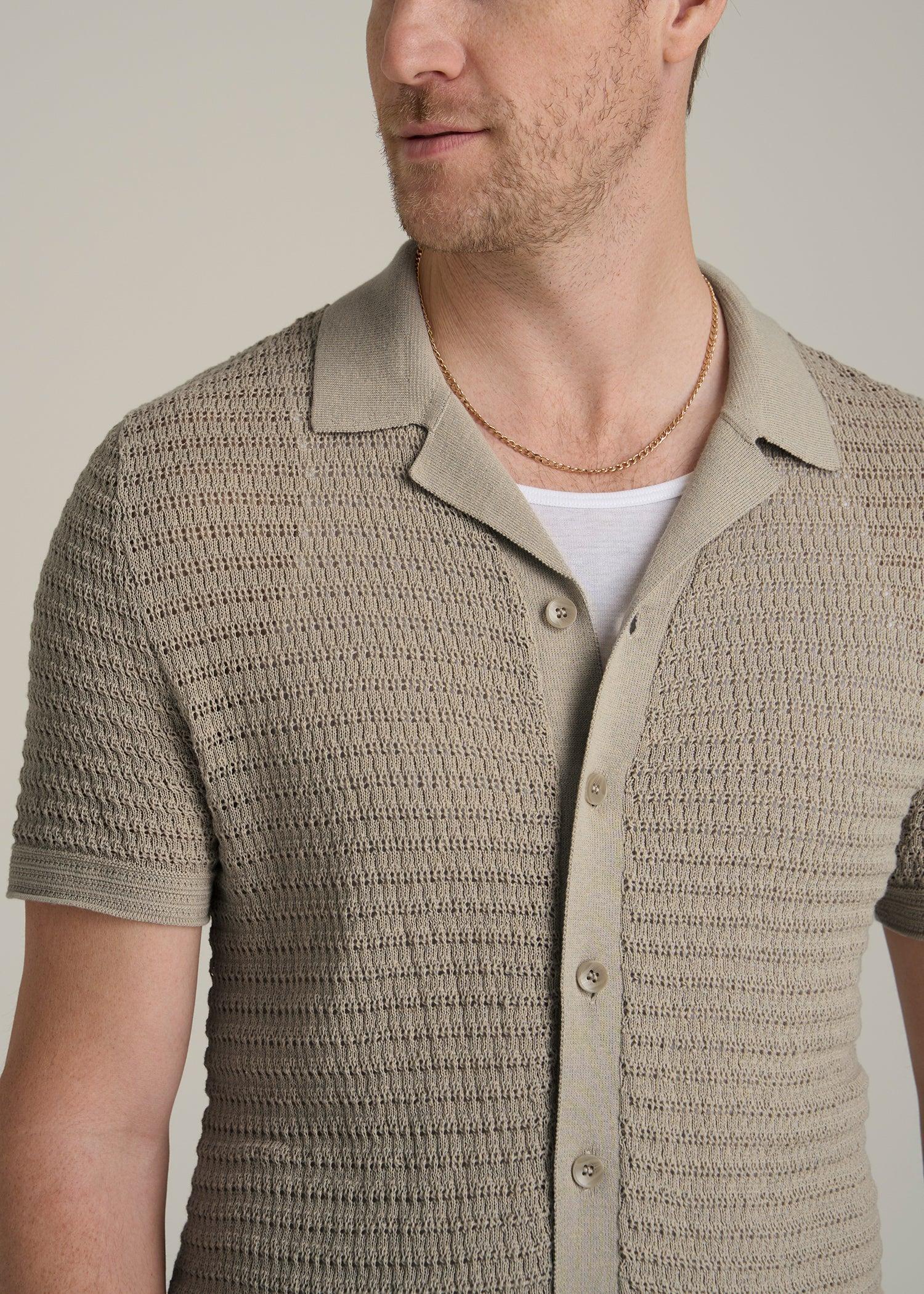 Short Sleeve Crochet Polo Cardigan for Tall Men in Light Khaki Male Product Image
