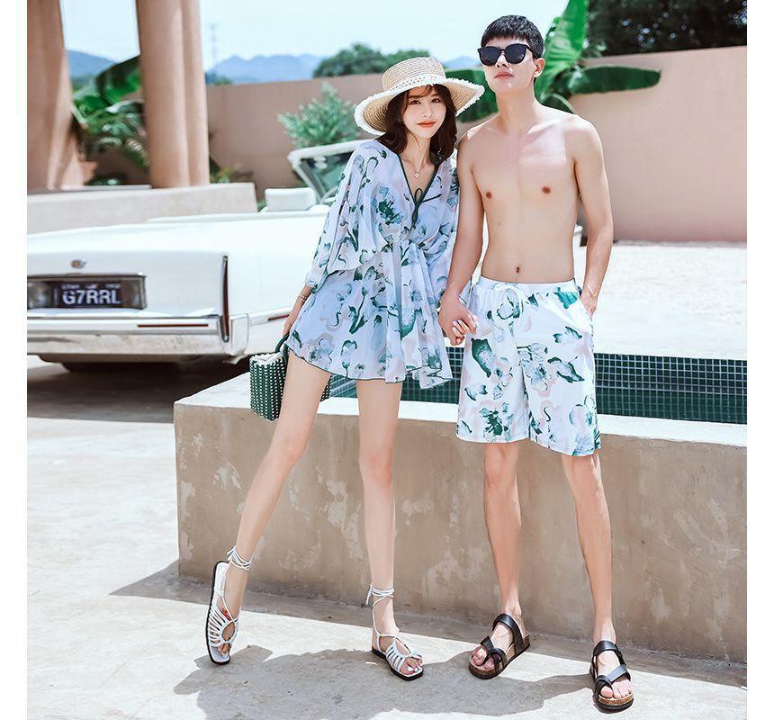Couple Matching Print Swim Shorts / Bell-Sleeve Swim Dress / Bikini Top / Shorts / Set Product Image