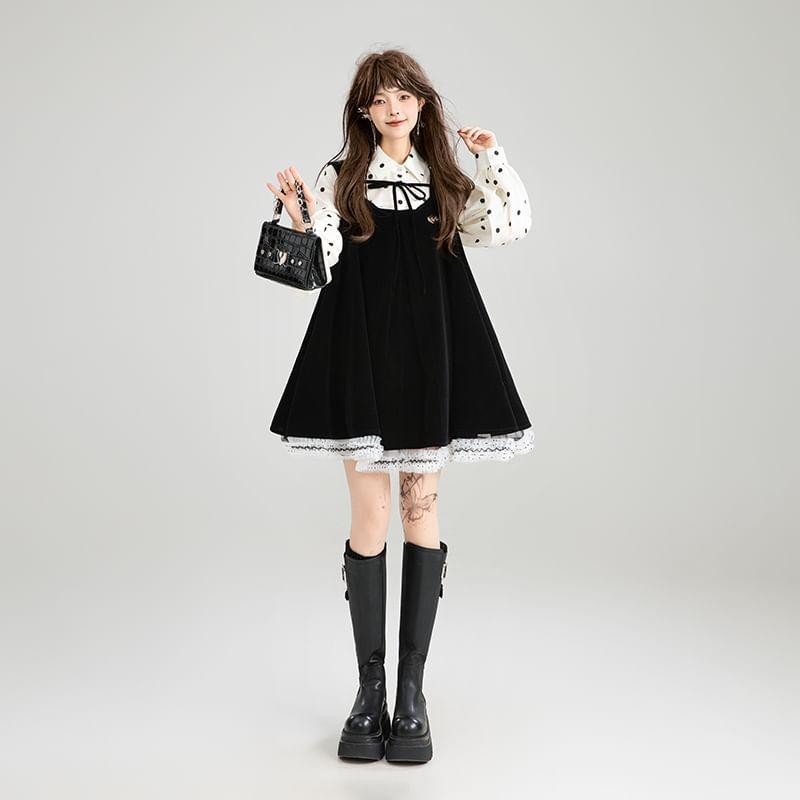 Long Sleeve Collared Dotted Shirt / Pleated Buckled Panel Velvet Mini A-Line Overall Dress Product Image