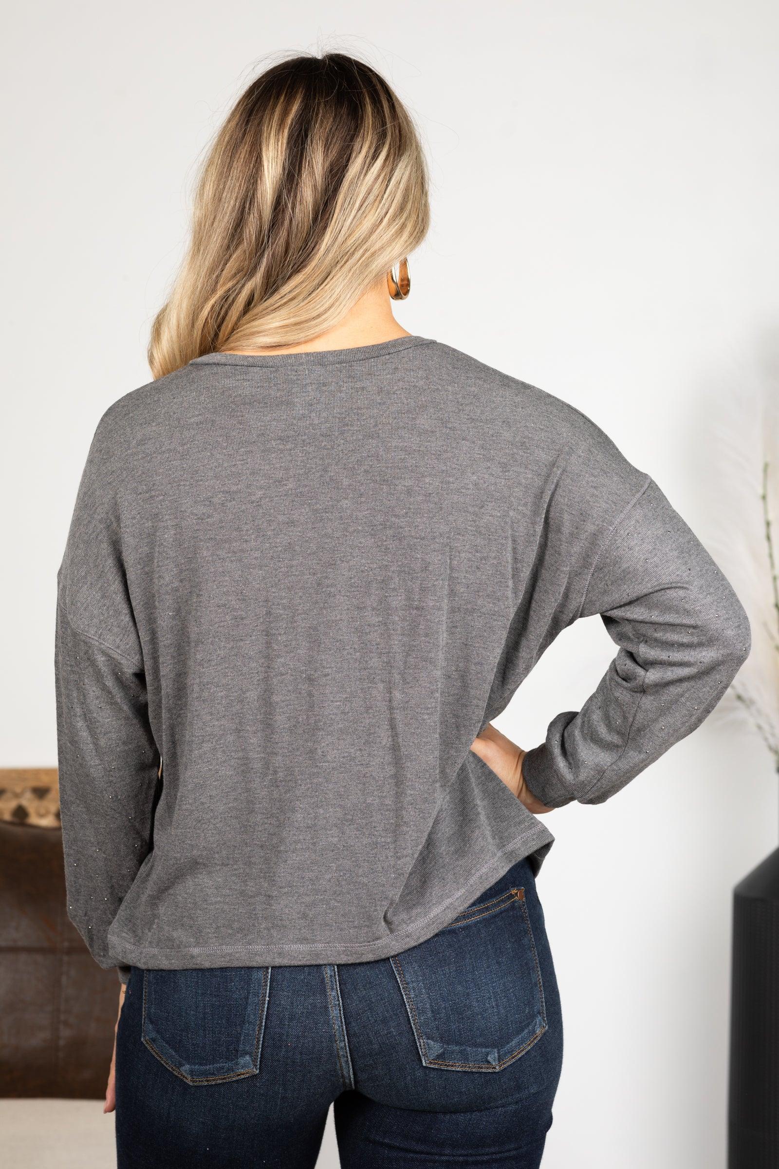 Grey Rhinestone Embellished Hacci Knit Top Product Image