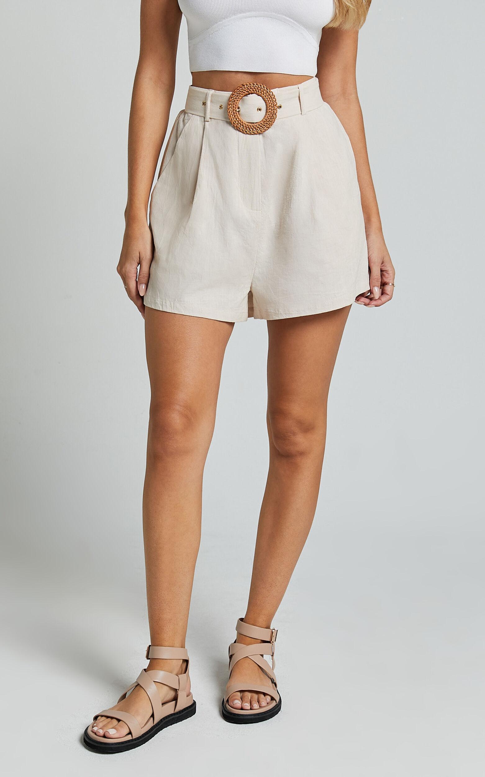 Thaisa Shorts - High Waist Belted Shorts in Biscuit Product Image
