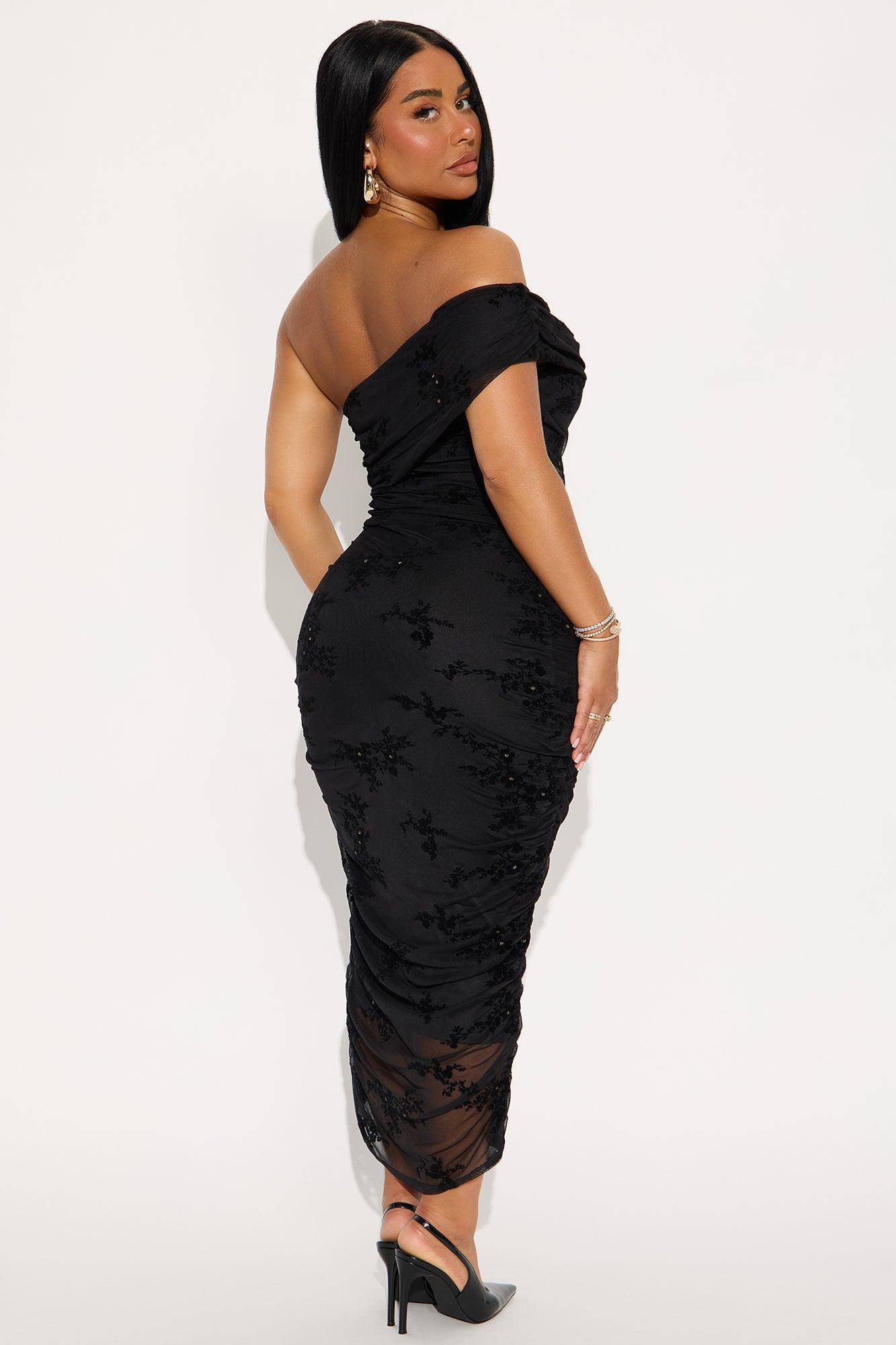 Real Legacy Flocked Mesh Midi Dress - Black Product Image