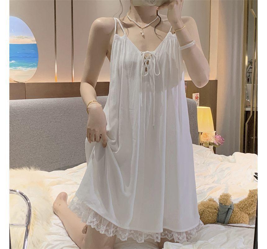 Spaghetti Strap Plain Lace Trim Sleep Dress Product Image
