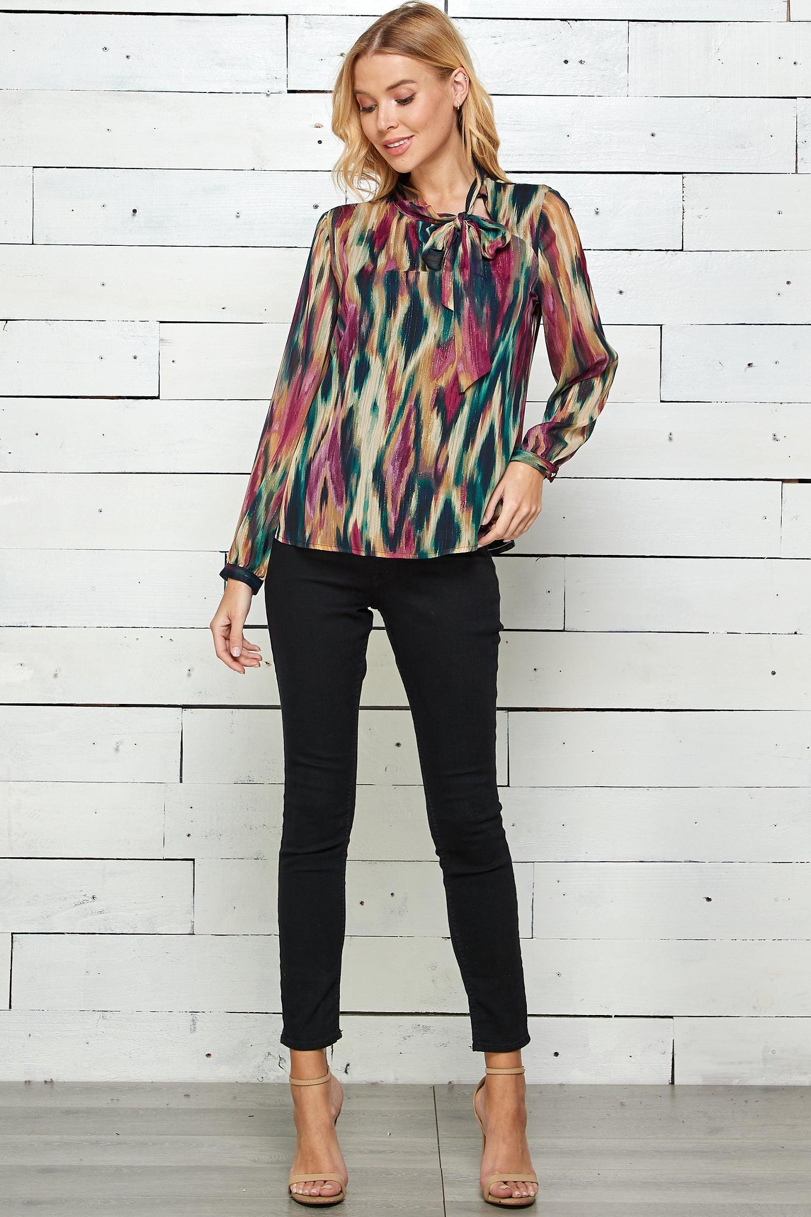 Burgundy Long Sleeve Side-Tie Neck Blouse Female Product Image