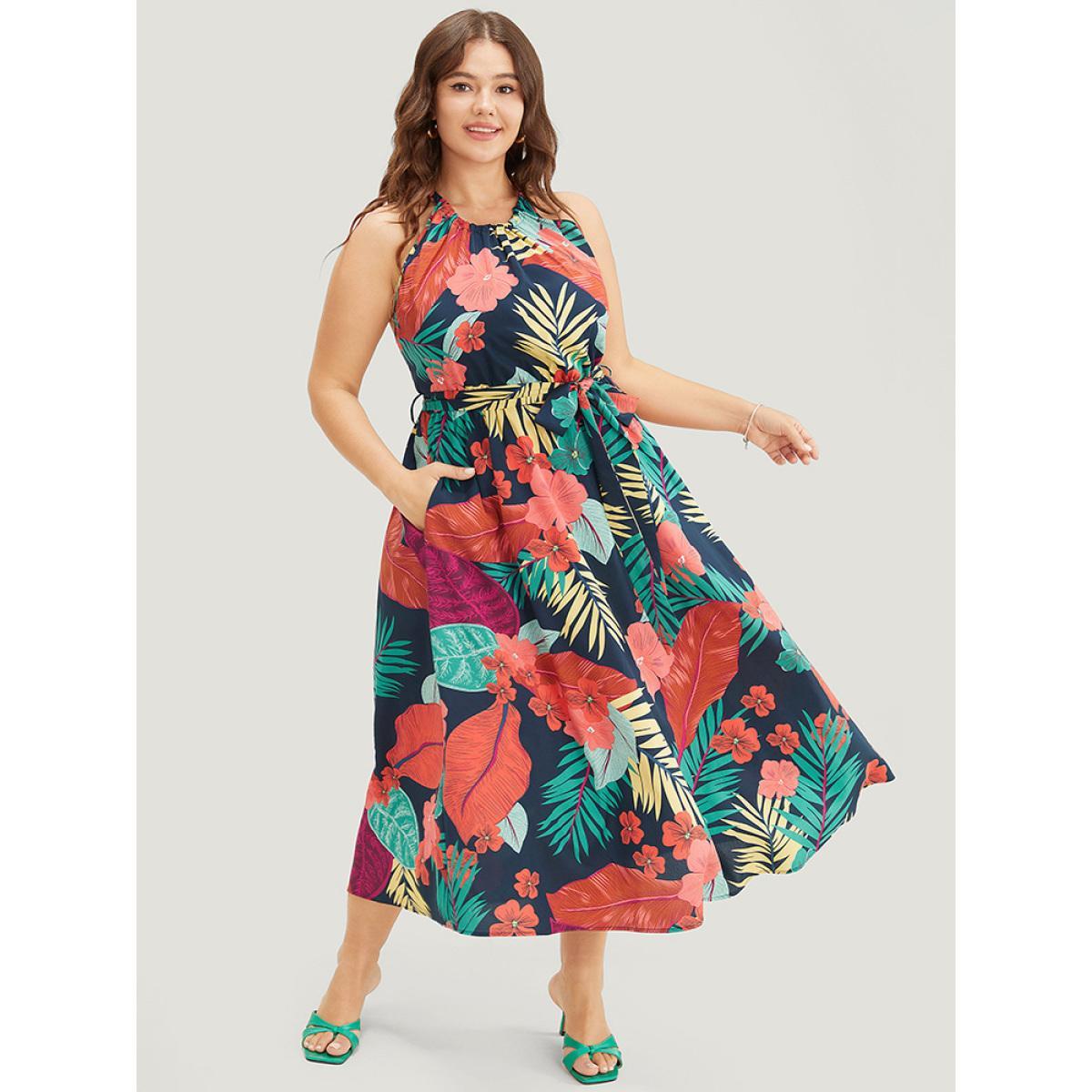 Plus Size Tropical Print Ruffle Hem Pocket Belt Knotted Halter Dress DarkBlue Women Vacation Cross straps Halter neck Sleeveless Curvy Midi Dress BloomChic 14-16/1X Product Image