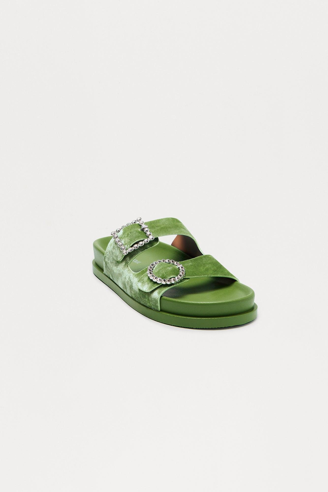 Ivona Rhinestone Buckle Velvet Sandals - Olive Product Image