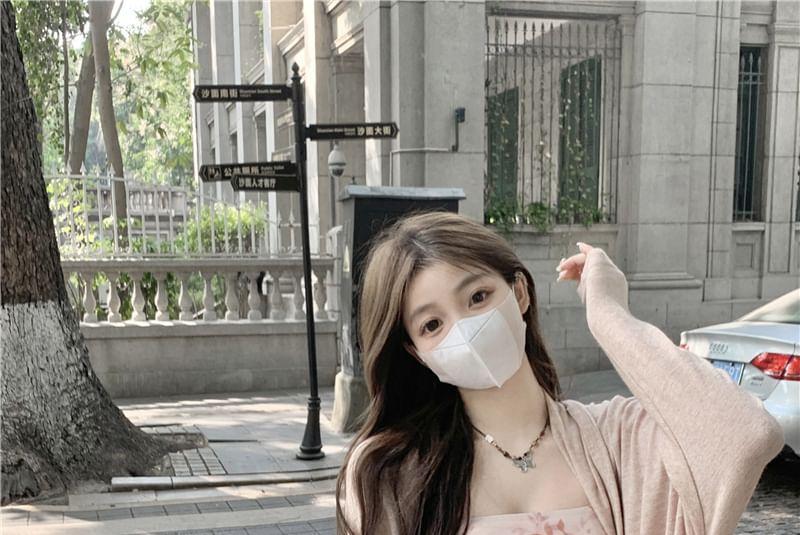 Plain Long Cardigan / Spaghetti Strap Floral Midi Sheath Dress Product Image