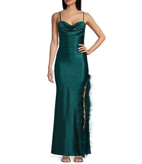 Honey and Rosie Drape Sweetheart Neck Side Slit Faux Feather Boa Trim Long Dress Product Image