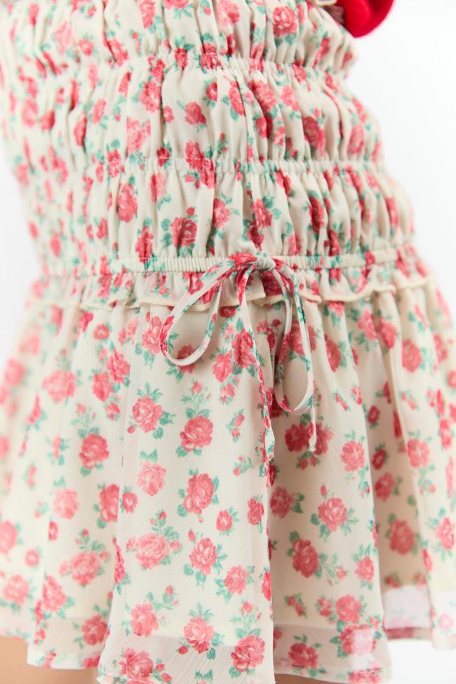 Cross My Path Ivory and Red Drop Smocked Waist Mini Skort FINAL SALE Product Image
