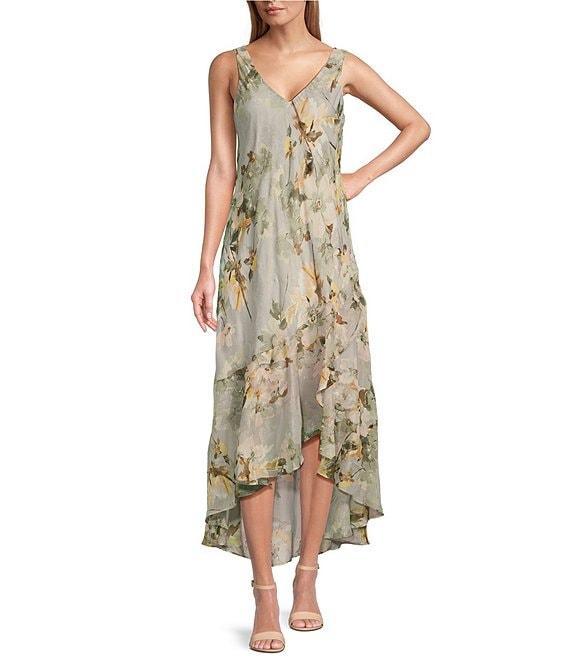 R & M Richards Floral Print Chiffon Bolero 3/4 Sleeve V-Neck Asymmetrical Ruffle Hem 2-Piece Jacket Dress Product Image