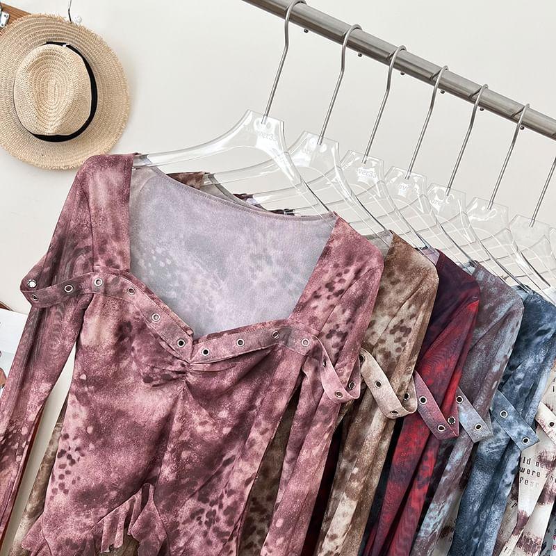 Flared-Sleeve Patterned Ruffle Asymmetrical Blouse Product Image