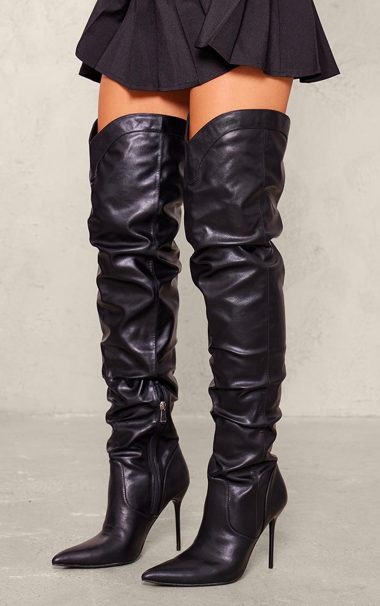 Black PU Point Toe Western Style High Heeled Over The Knee Boots Product Image