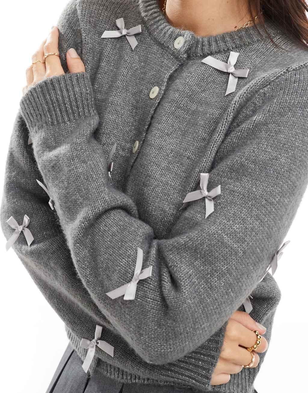 Cotton On crew neck cardigan with bow details in graphite Product Image