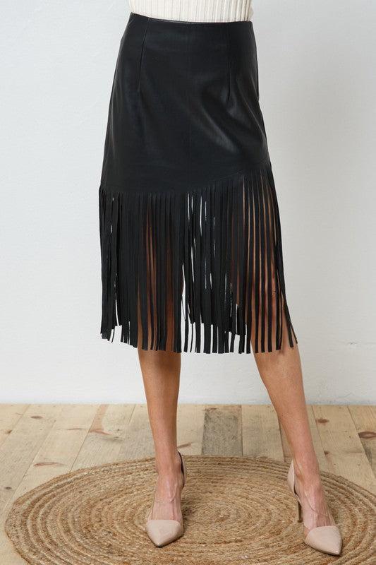 Edalyn Faux Leather Fringe Knee Length Skirt Product Image