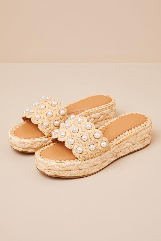 Caper Pearl Light Natural Raffia Platform Slide Sandals Product Image