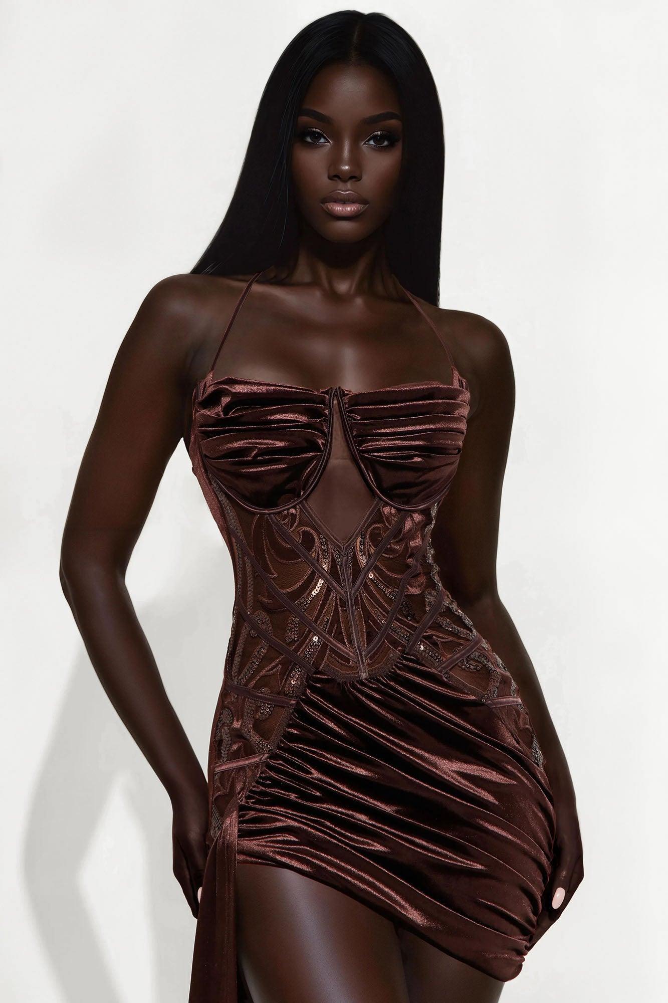 Secret Romance Embellished Mini Dress - Chocolate Product Image
