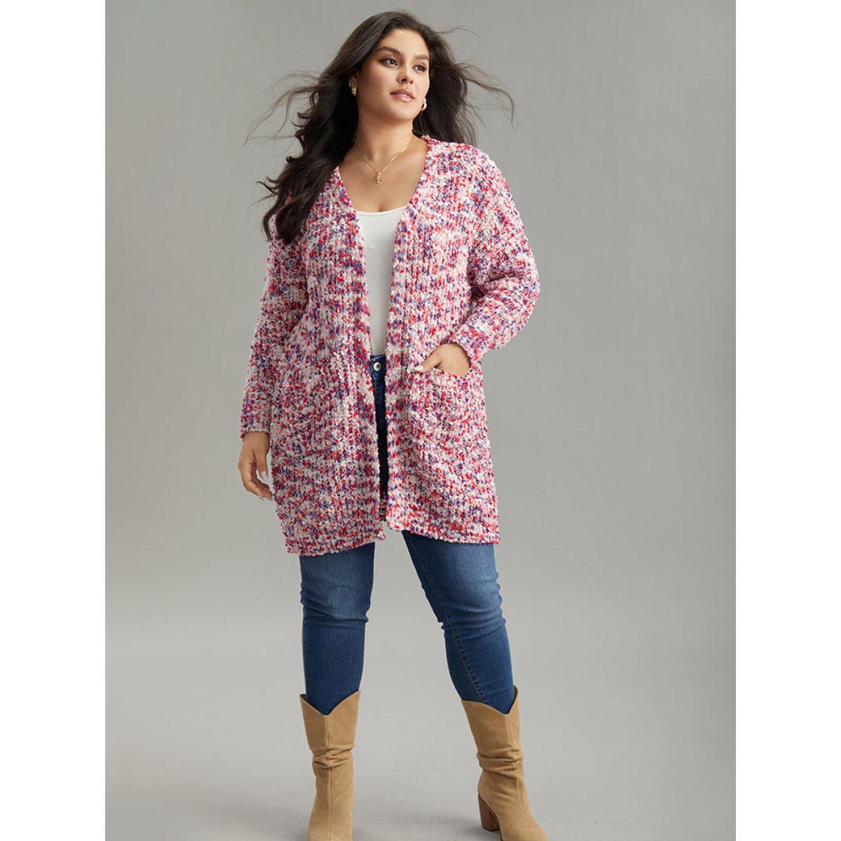 Plus Size Contrast Fuzzy Open Front Patched Pocket Cardigan Multicolor Women Casual Loose Long Sleeve Everyday Cardigans BloomChic 12/L Product Image