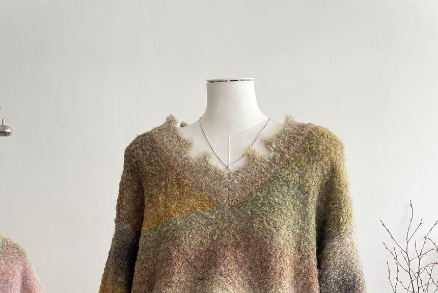 V-Neck Striped Distressed Sweater Product Image