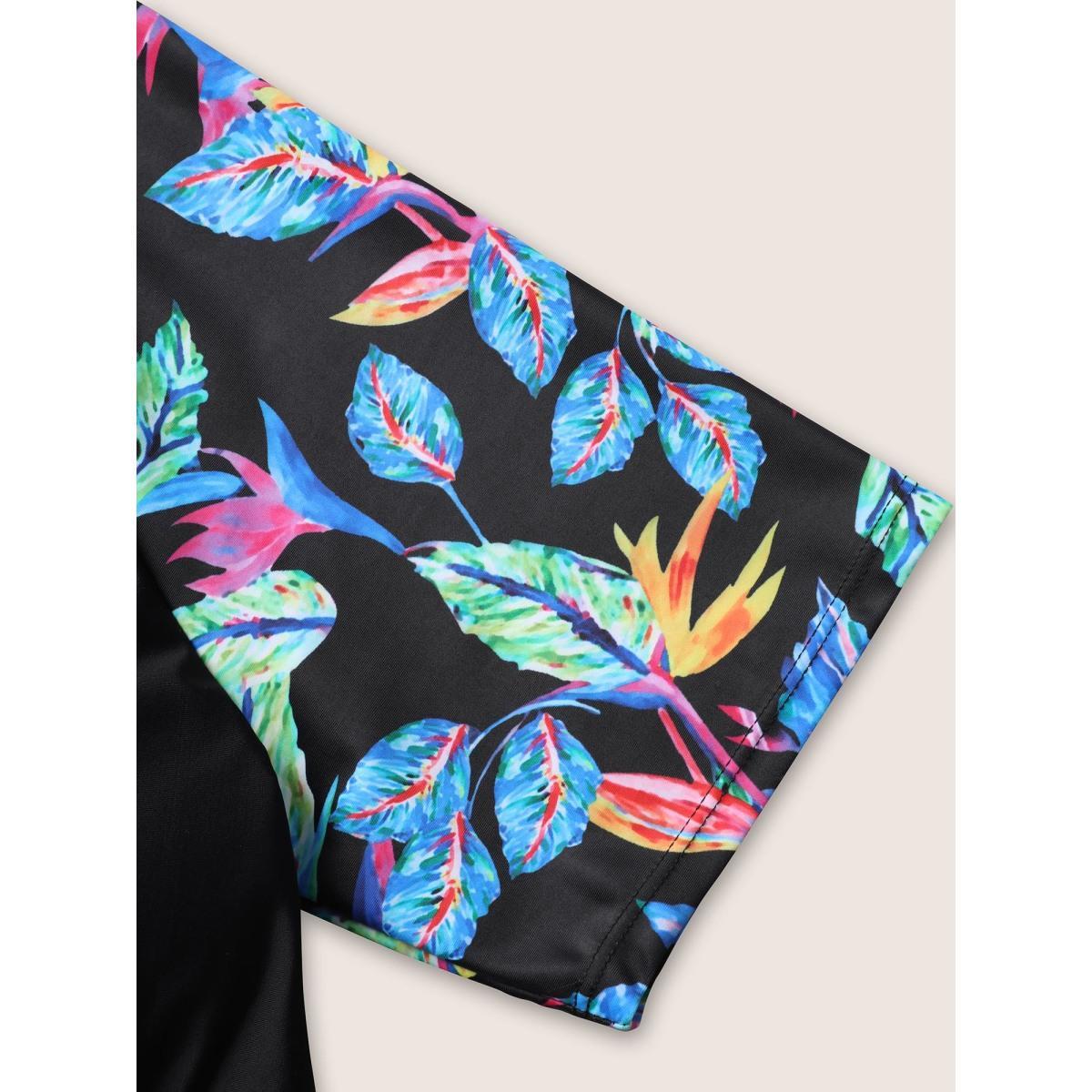 Plus Size Tropical Print Half Zip Raglan Sleeve Swim Dress Women's Swimwear Black Beach Bodycon Stand-up collar High stretch Curve Swim Dresses BloomChic 30/6X Product Image