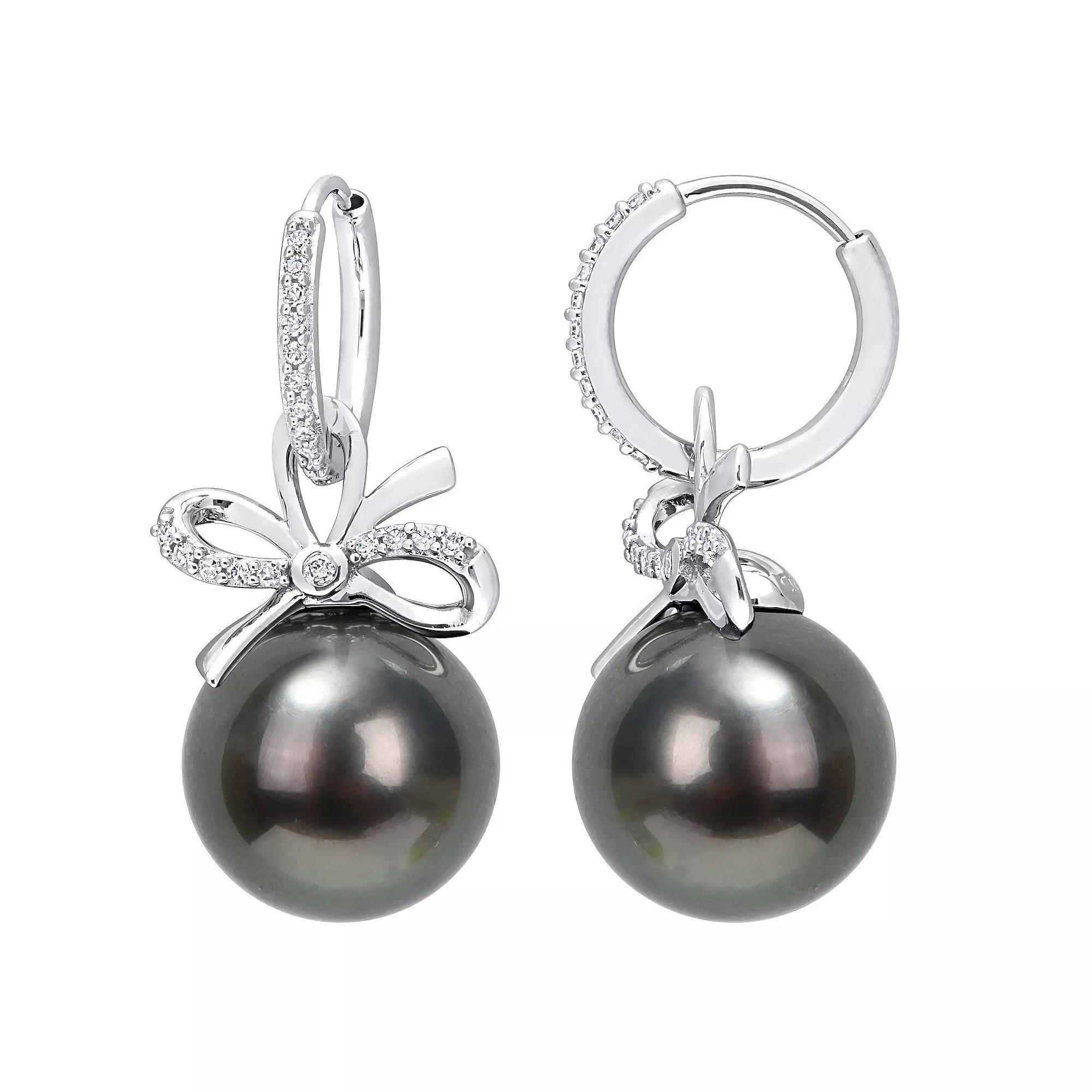 Stella Grace 14k White Gold Tahitian Cultured Pearl & 1/4 Carat T.W. Diamond Bow Hoop Drop Earrings, Womens Product Image