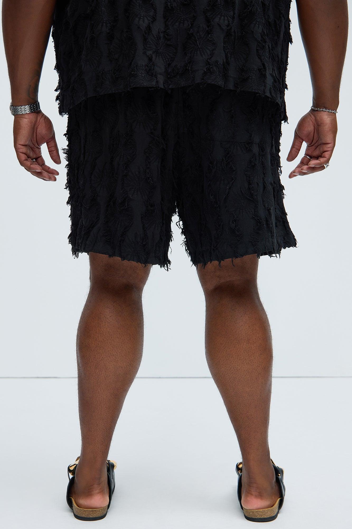 Frayed Jacquard Linen Shorts - Black Product Image