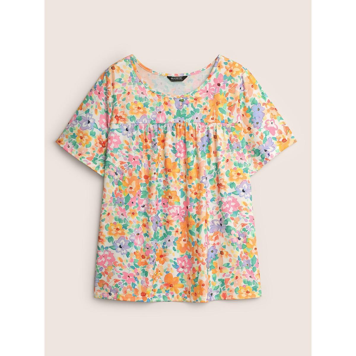Plus Size Crew Neck Colored Floral Gathered T-shirt Multicolor Women Elegant Contrast Natural Flowers Round Neck Everyday T-shirts BloomChic 14-16/1X Product Image