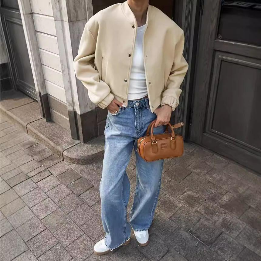 Stand Collar Plain Button-Up Crop Jacket Product Image