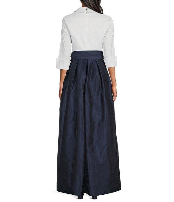 Jessica Howard 3/4 Cuff Sleeve Collared V-Neck Tie Sash Ball Gown Product Image