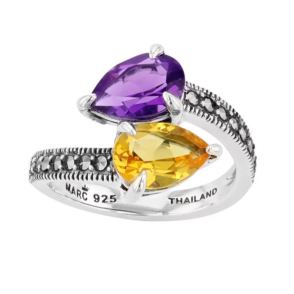 Lavish by TJM Sterling Silver Simulated Amethyst & Simulated Citrine with Marcasite 2-Stone Ring, Women's, Size: 8 Product Image
