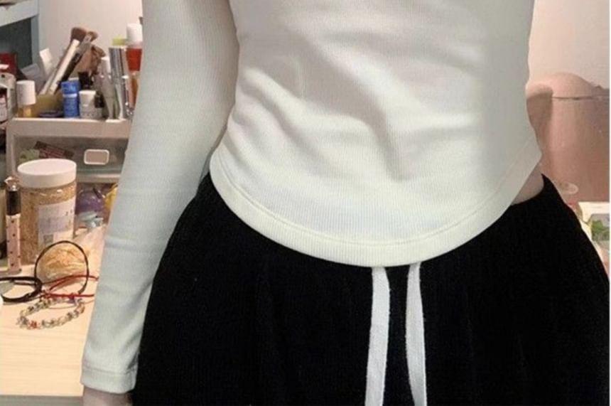 Long Sleeve Crew Neck Plain Crop T-Shirt Product Image