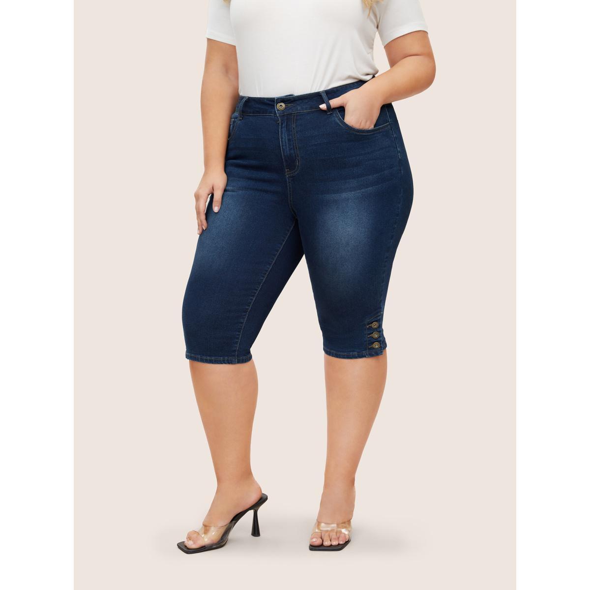 Plus Size High stretch Dark Wash Button Hem Cropped Jeans Women Blue Elegant Button High stretch Slanted pocket Jeans BloomChic 18/2X Product Image