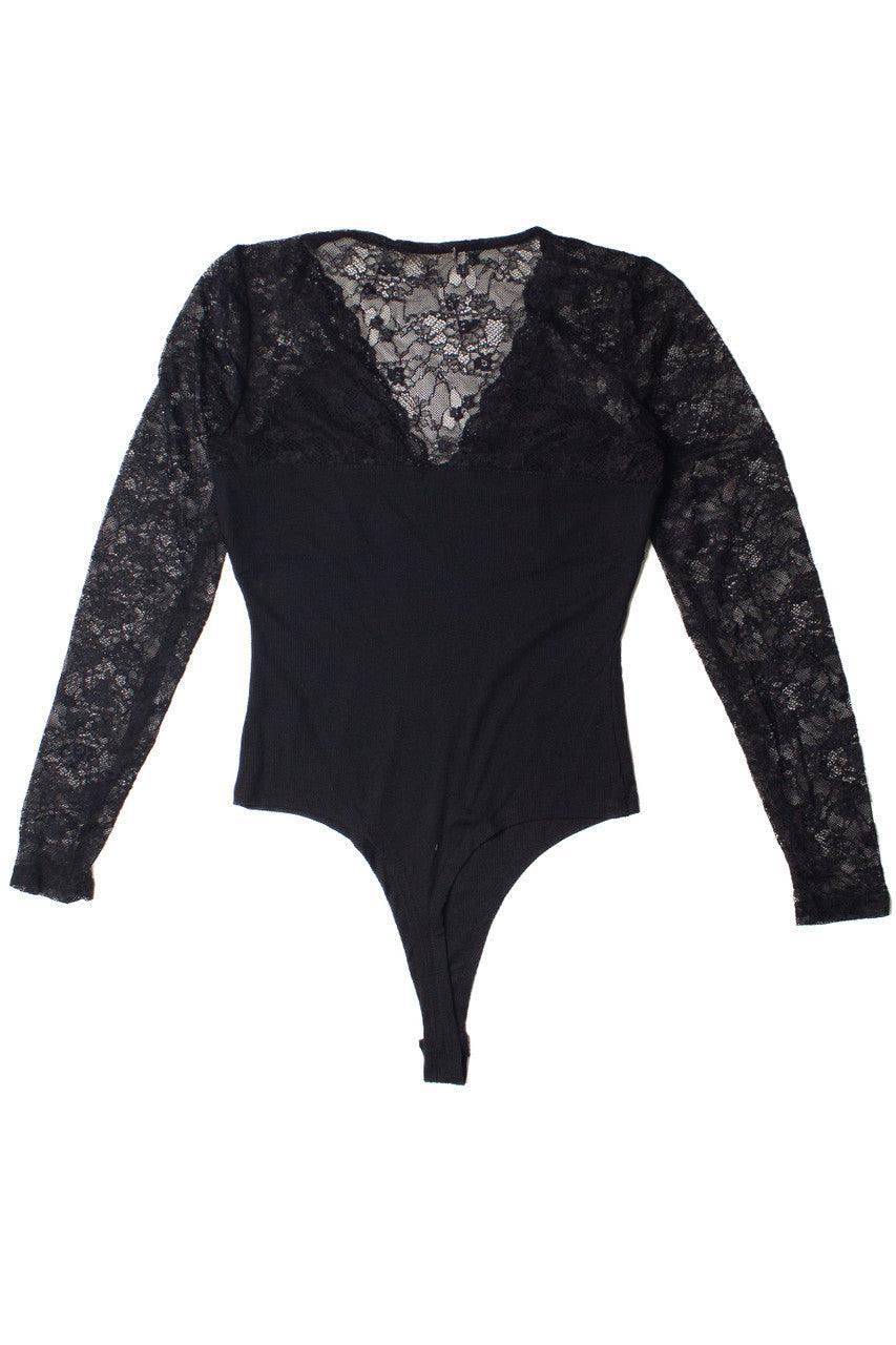 Lace Top V Neck Long Sleeve Bodysuit Product Image