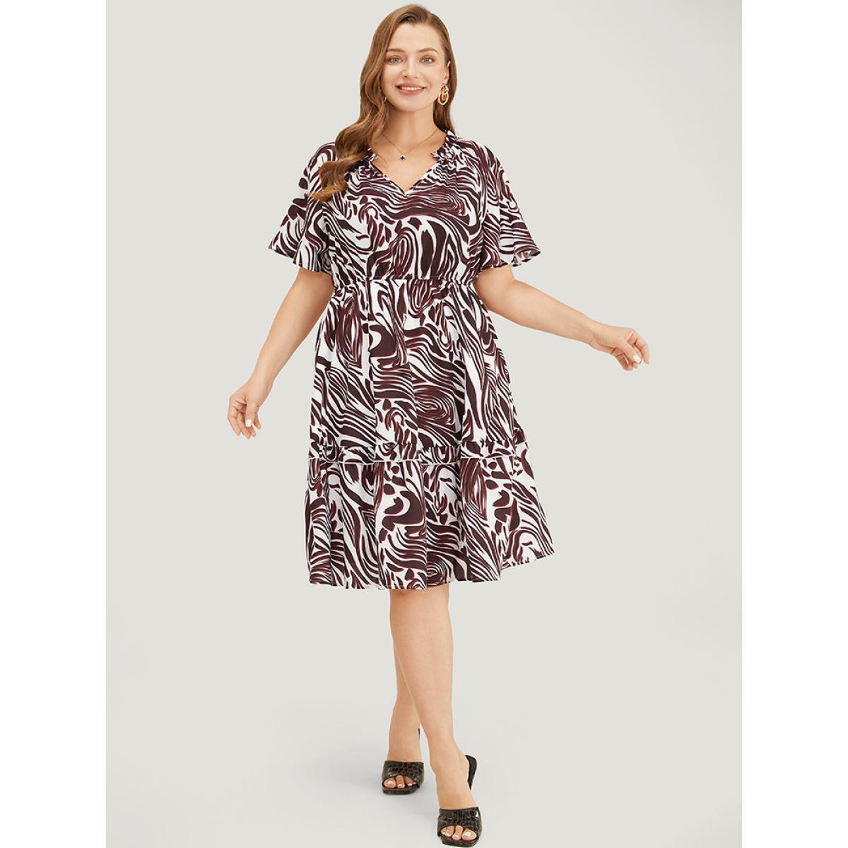 Plus Size Zebra Print Frill Trim Pocket Ruffle Sleeve Dress Multicolor Women Elegant Contrast V-neck Short sleeve Curvy Knee Dress BloomChic 12/L Product Image