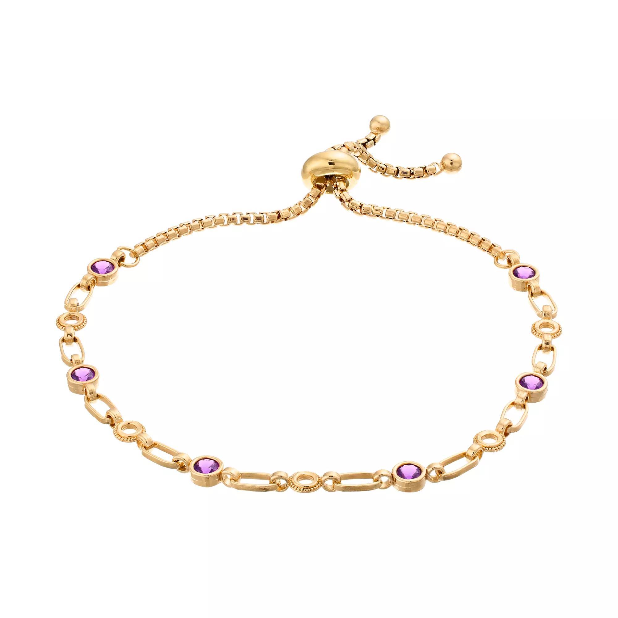 Kristen Kesho Sterling Silver Lab-Created Amethyst & Circle Link Adjustable Bolo Bracelet, Women's, Size: 9.50, Gold Tone Product Image
