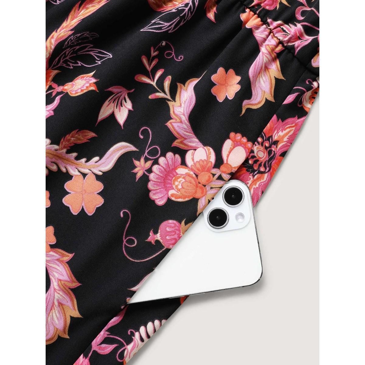 Plus Size Black Floral Print Square Neck Pockets Jumpsuit Women Short sleeve Heart neckline Vacation Loose Jumpsuits BloomChic 12/L Product Image
