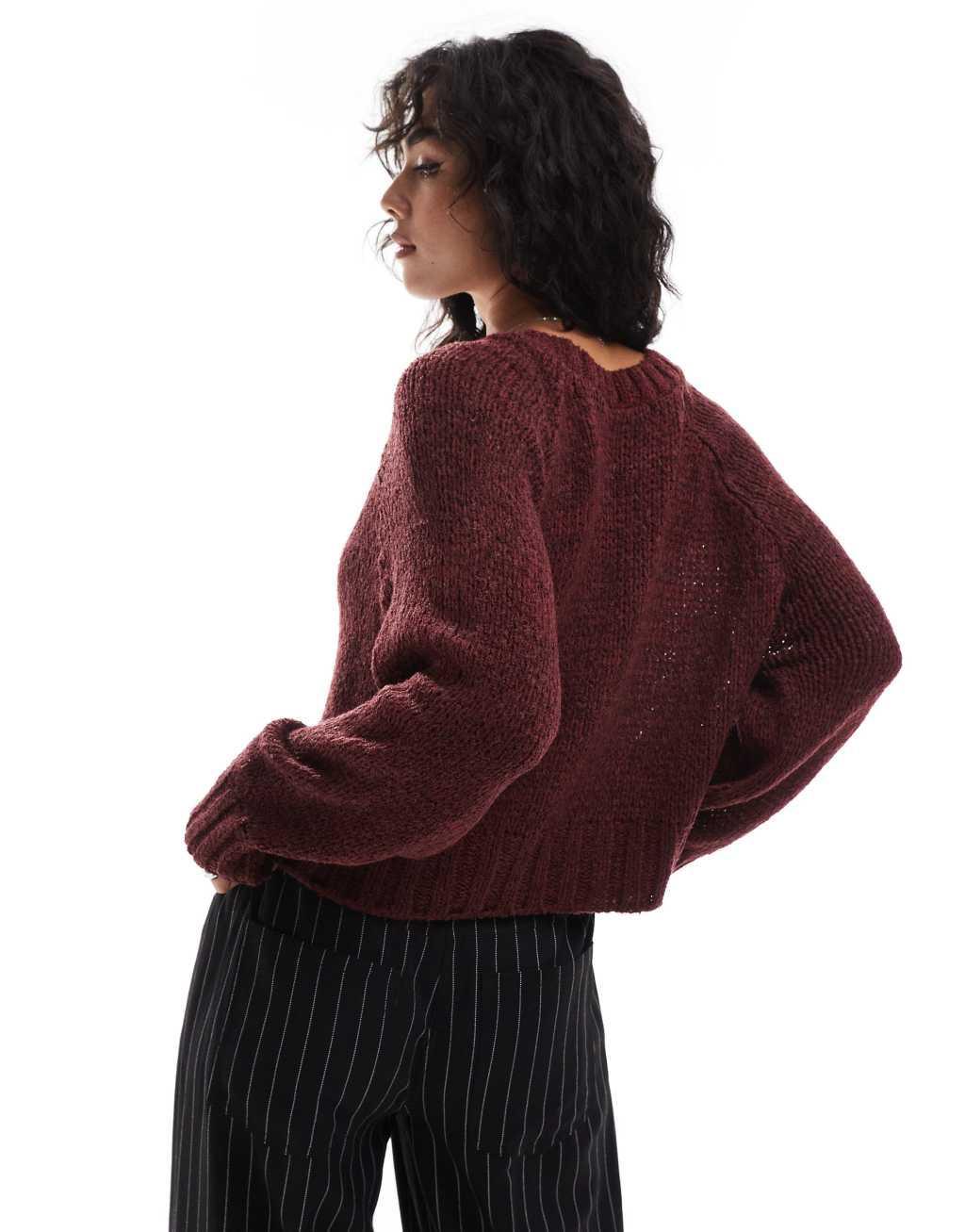 ASOS DESIGN knit crew neck loose knit boucle sweater in burgundy  Product Image