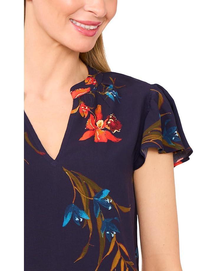 Women's CeCe V-neck Shirred Neck Flutter Sleeve Blouse Product Image