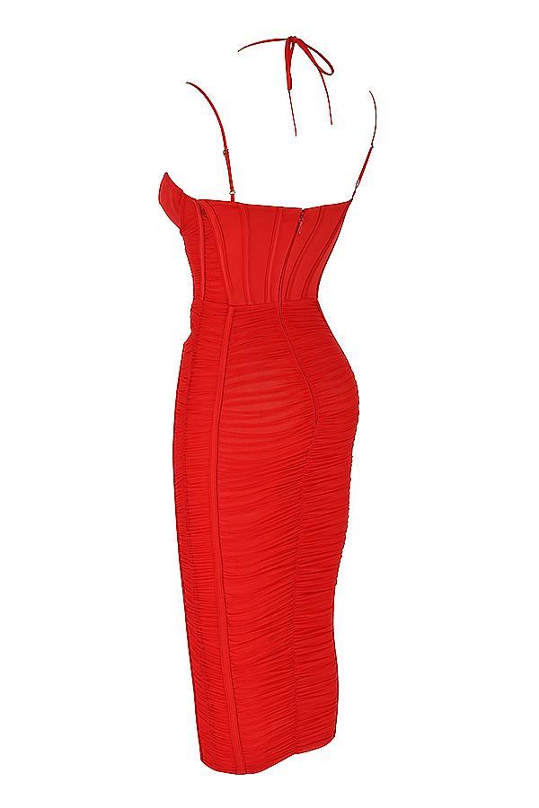 Maya Scarlet Ruched Midi Dress Product Image