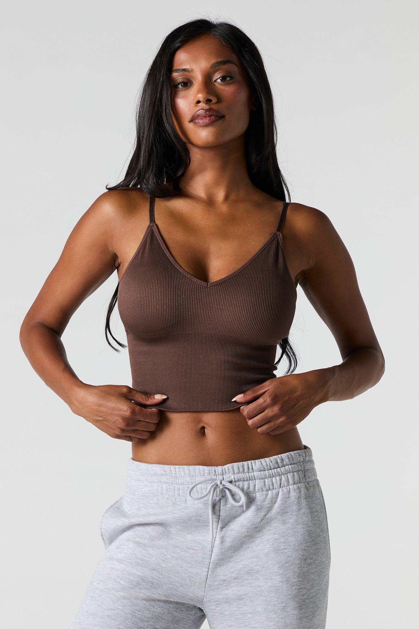 Seamless Ribbed V-Neck Cami with Built-In Bra Cups Female Product Image