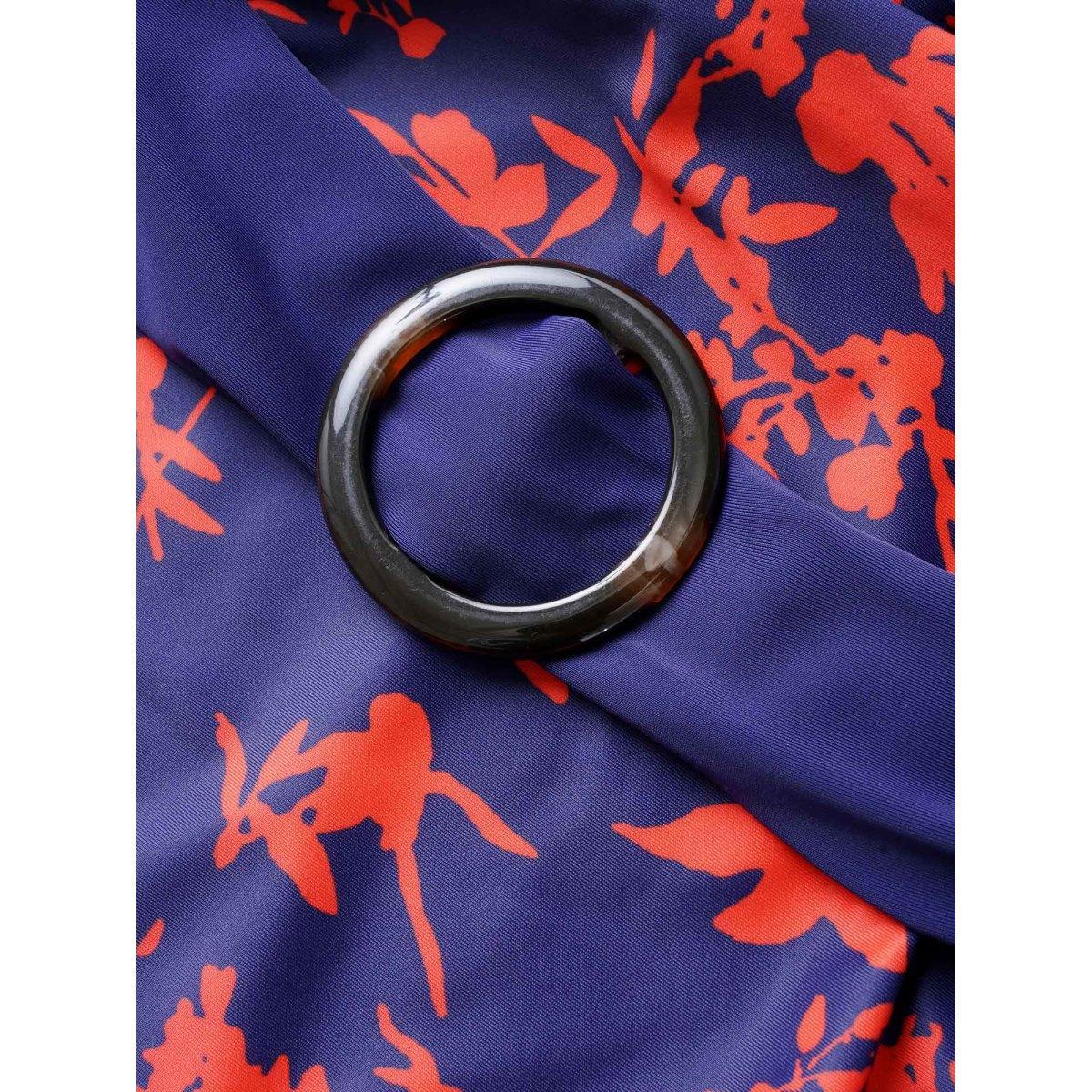 Plus Size Silhouette Floral Ruched Buckle Detail One Piece Swimsuit Women's Swimwear DarkBlue Beach Non Curve Bathing Suits High stretch One Pieces BloomChic 18-20/2X Product Image