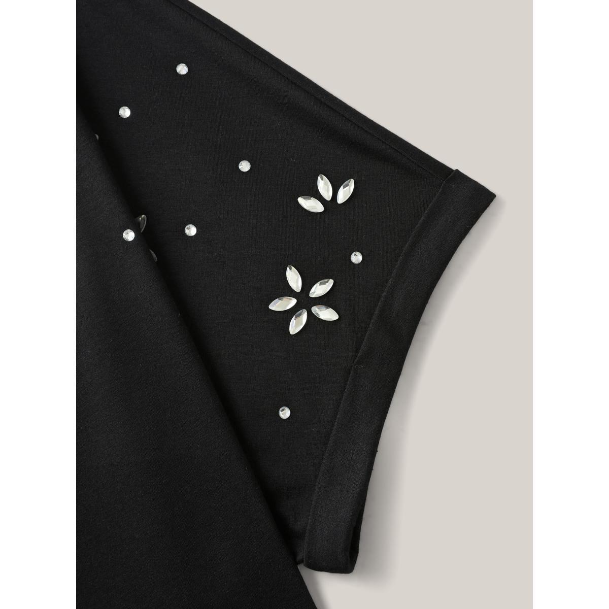 Plus Size Supersoft Stretchy Zirconia Design T-Shirt Black Women Rhinestone detailing V-neck Everyday-Casual T-shirts BloomChic 10/M Product Image